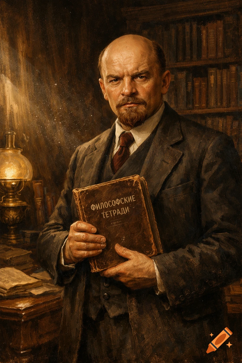 Oil painting portrait of Lenin in a dimly lit study, holding a book titled 'Philosophical Notes'.