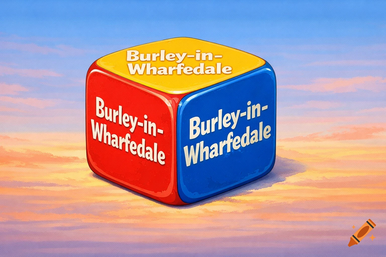 A colorful cartoon dice with 'Burley-in-Wharfedale' written on its red, yellow, and blue sides, against a cloudy sky.