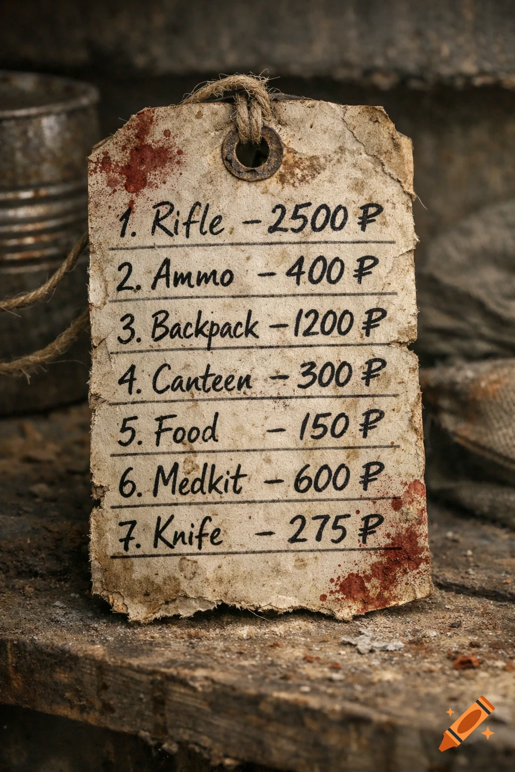 A distressed, handwritten price tag for survival items like a rifle, ammo, and medkit, resting on a rough wooden surface.