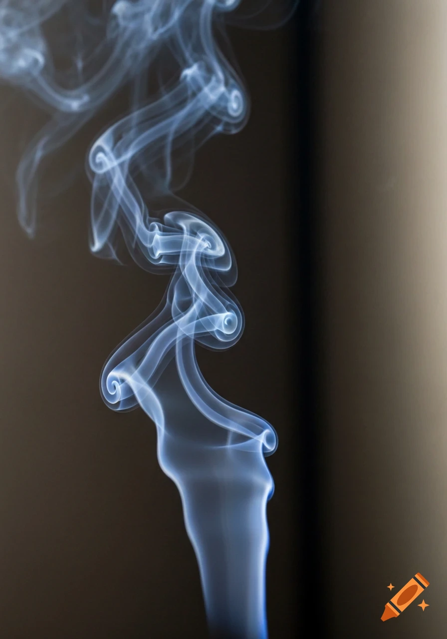 Detailed photograph of blue-white smoke swirling and rising on a dark brown and black background.
