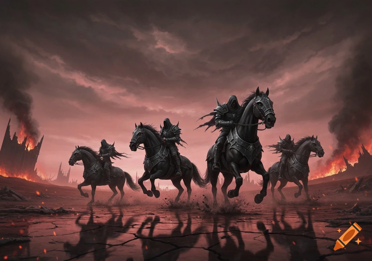 Four dark armored riders on black horses charge across a scorched red apocalyptic plain with burning structures.