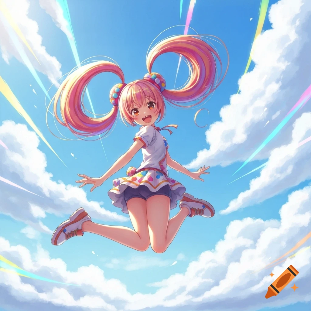 Cheerful anime girl with pink pigtails jumping against a blue sky with clouds and colorful light streaks.
