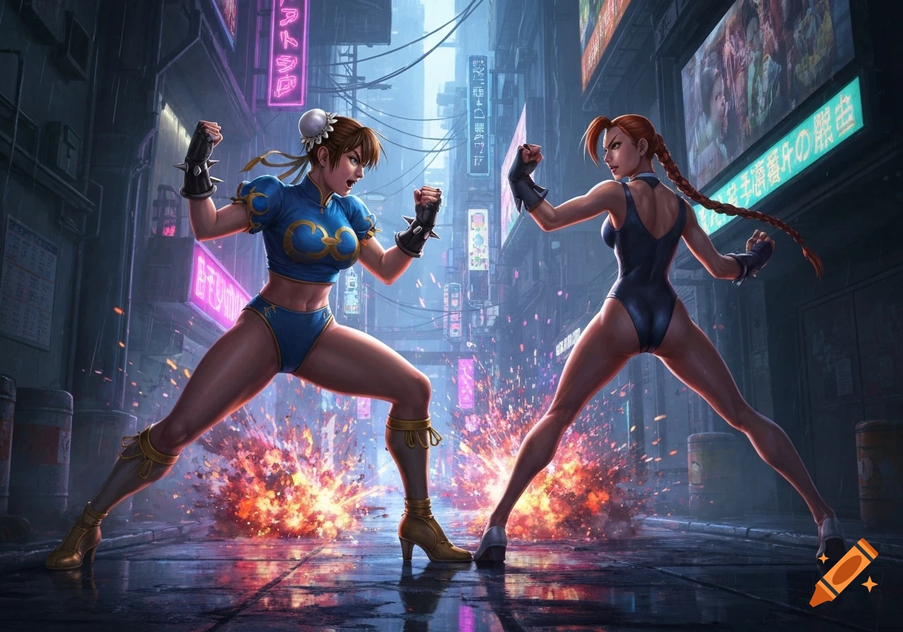 Chun-Li and Cammy in fighting stances on a wet city street at night, surrounded by neon signs and sparks.