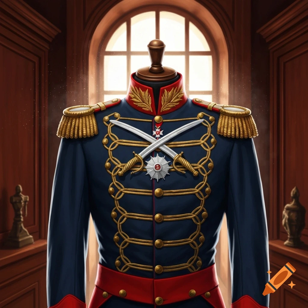 A dark blue ceremonial military uniform with gold braid, red trim, and crossed swords on a mannequin in a grand room.