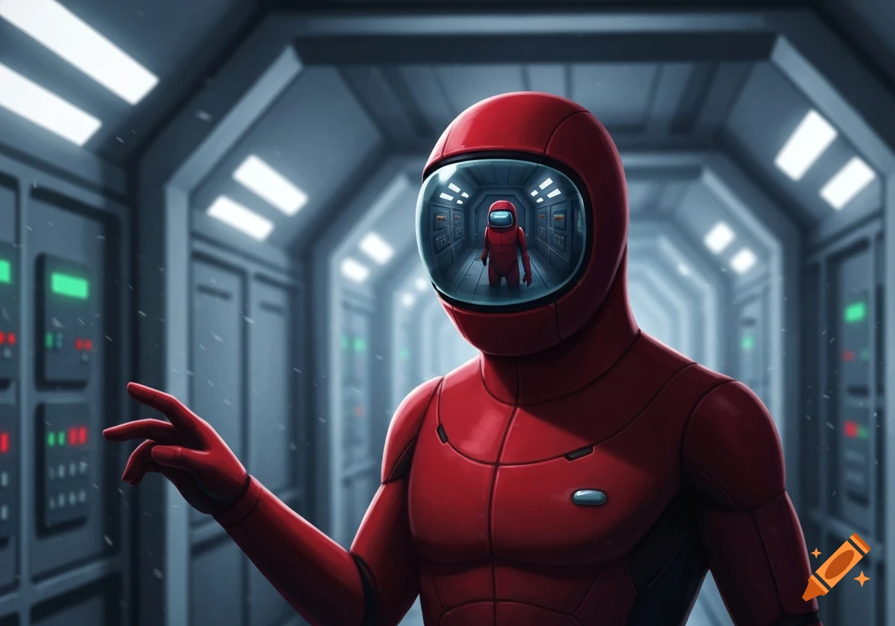 A detailed red Among Us character stands in a futuristic spaceship hallway. Its reflective visor shows a smaller red crewmate in a similar hall.