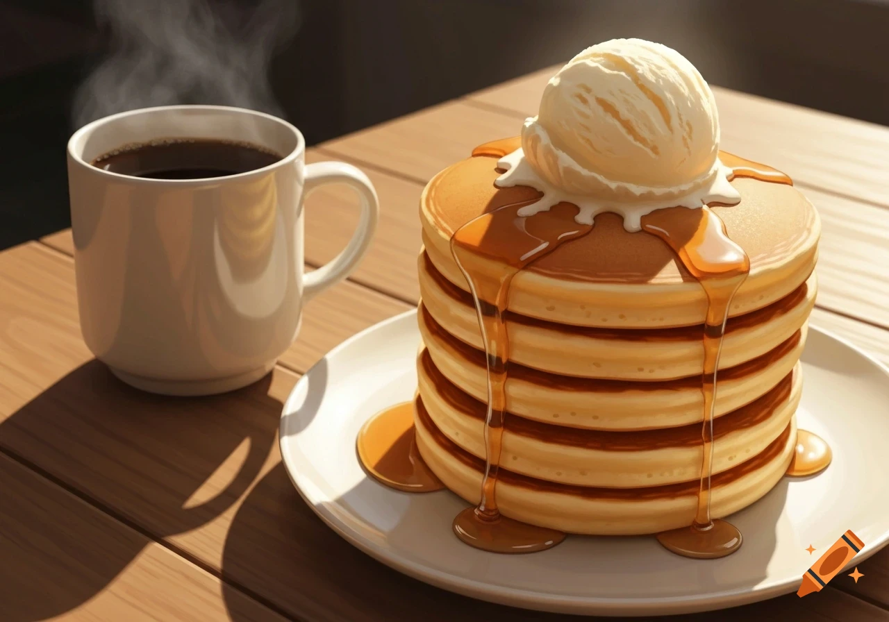 Stack of pancakes with melting vanilla ice cream and syrup, next to a steaming coffee mug on a wooden table.