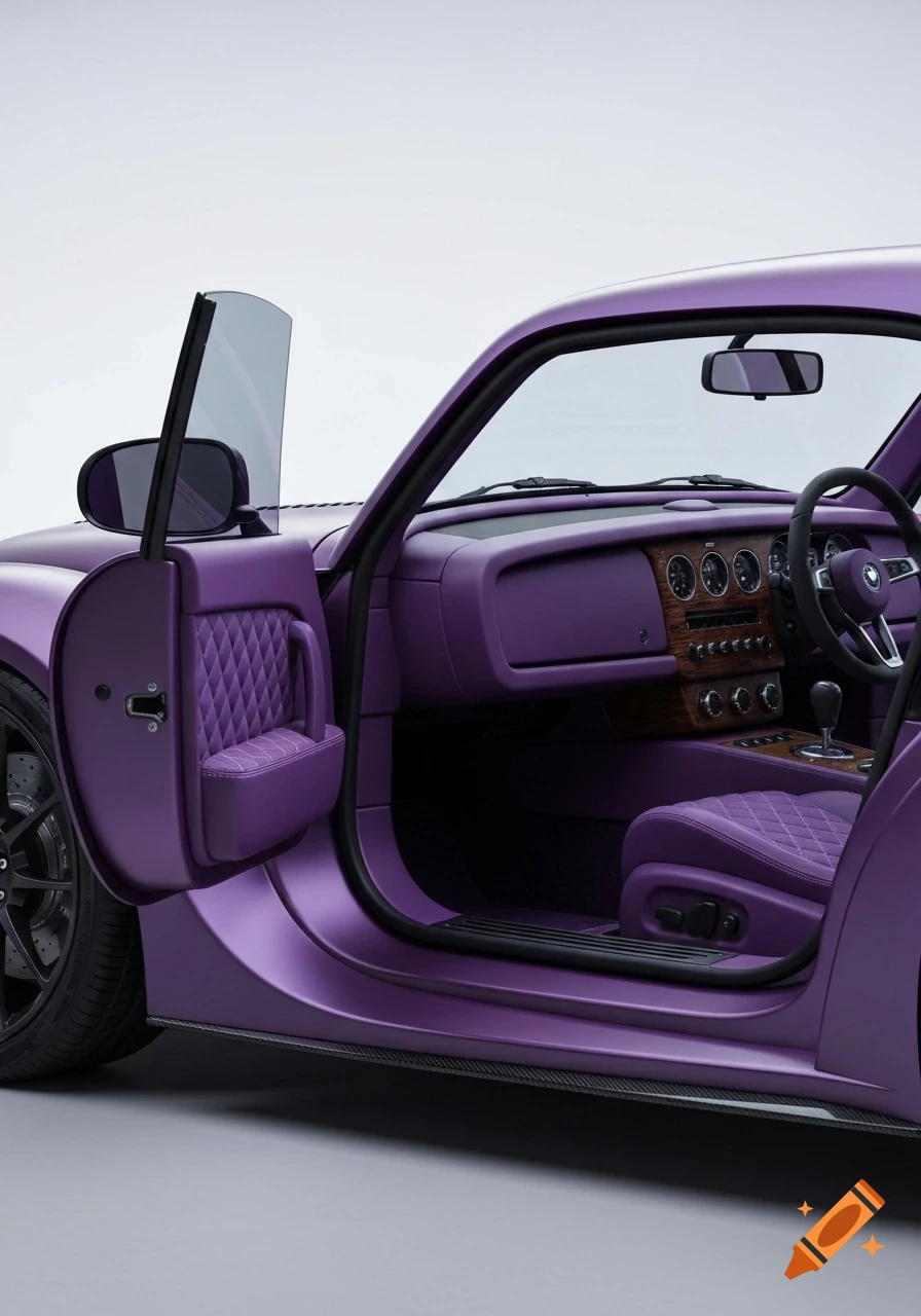 A photorealistic close-up of a purple car's interior, showing quilted leather seats, wood trim dashboard, and an open door.