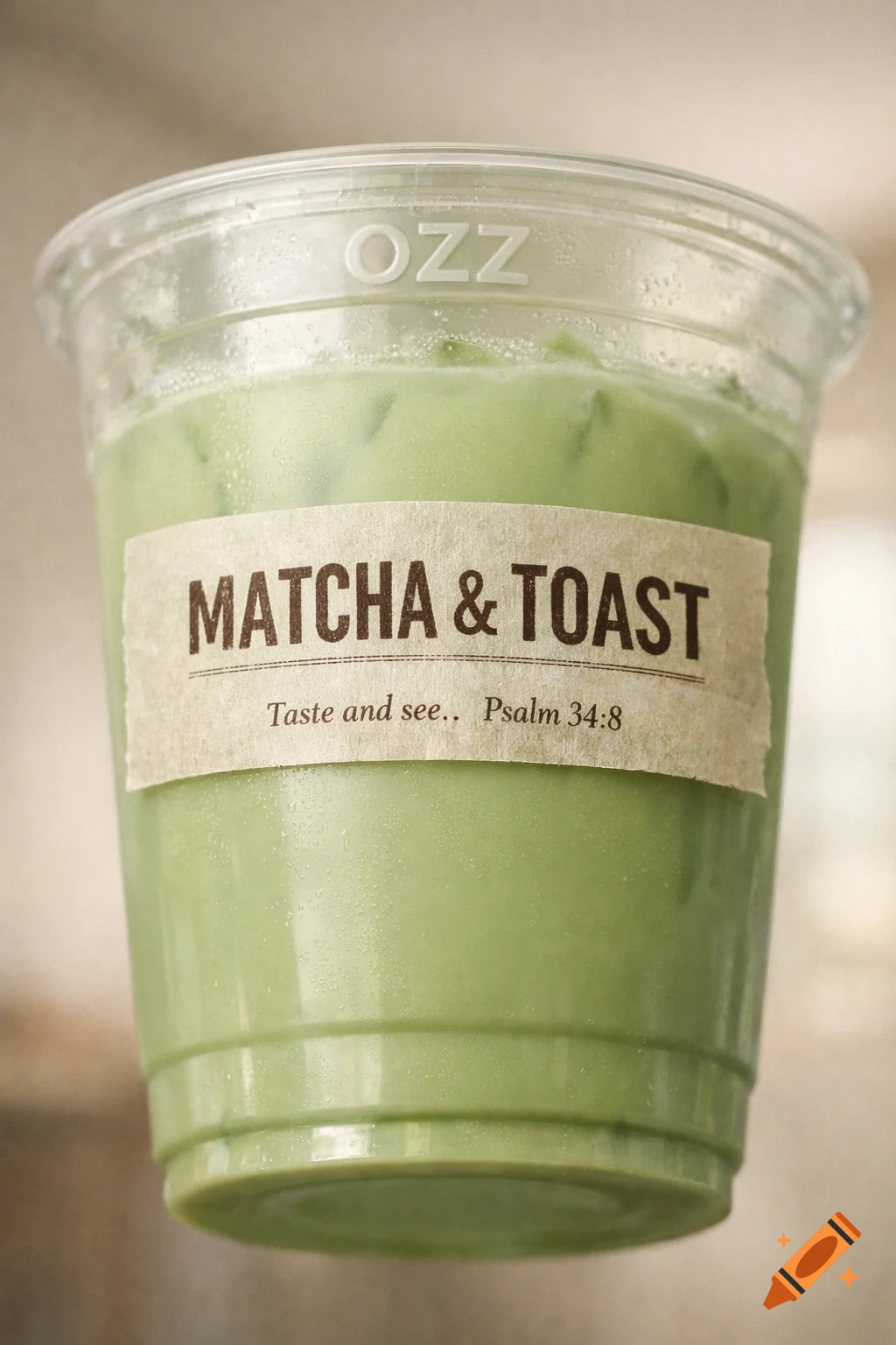 A clear plastic cup filled with a light green matcha drink, condensation on the outside. A beige label reads "MATCHA & TOAST" and "Taste and see.. Psalm 34:8". The cup is embossed with "OZZ" at the top.