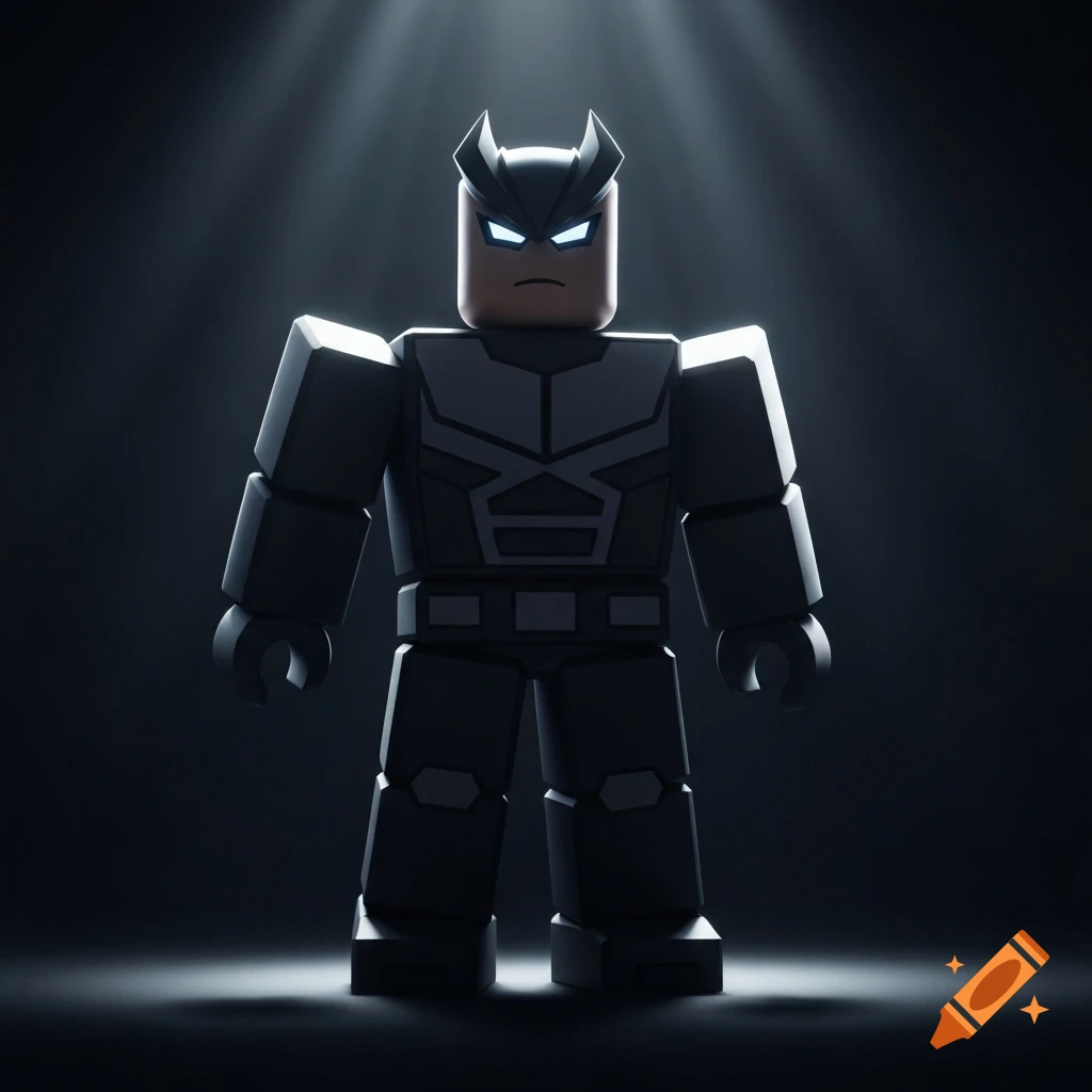 A dark, blocky, Roblox-style character with glowing blue eyes and a determined expression stands in dramatic cinematic lighting.