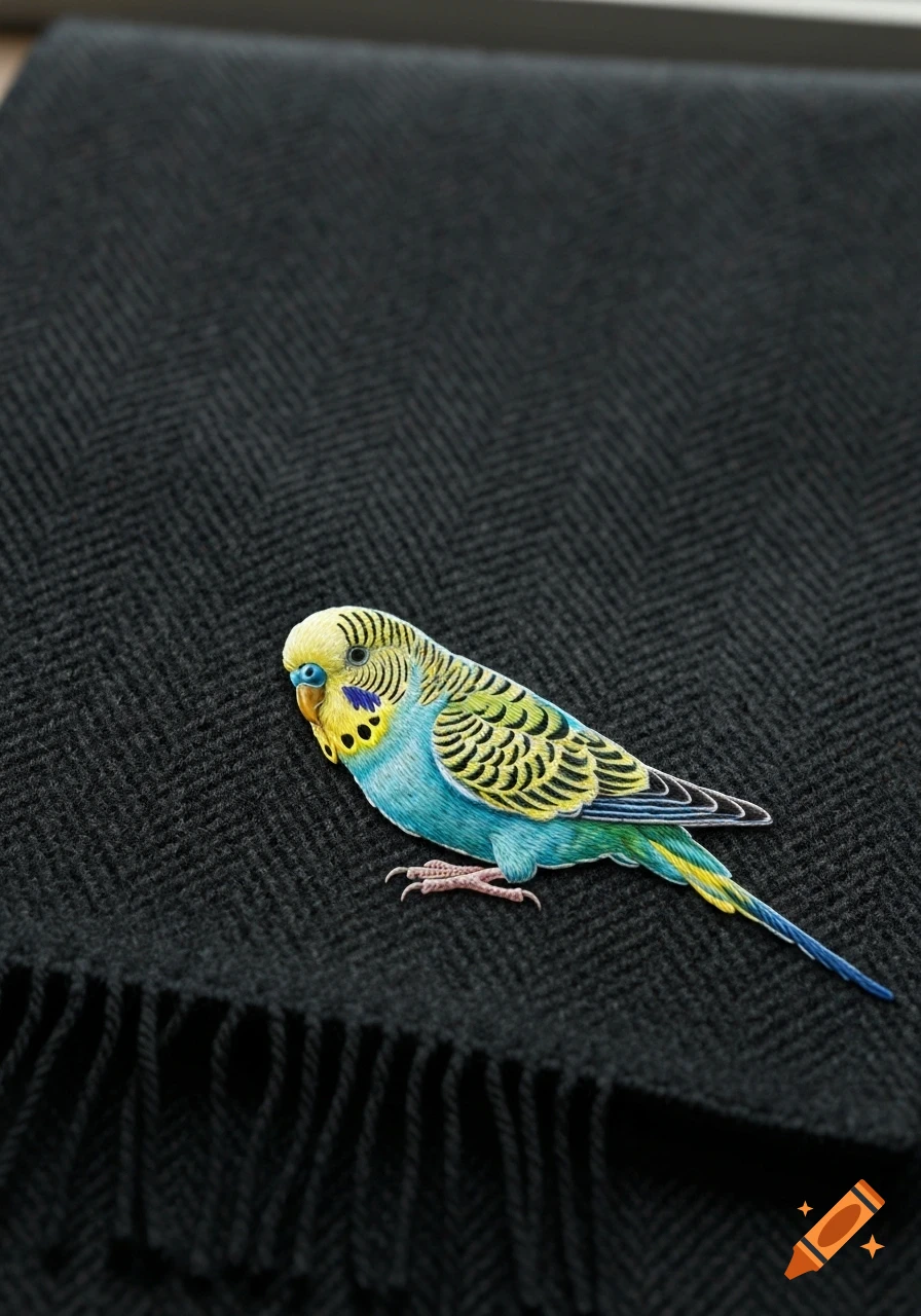 A close-up photo of a black herringbone scarf featuring a detailed, colorful embroidered budgerigar.