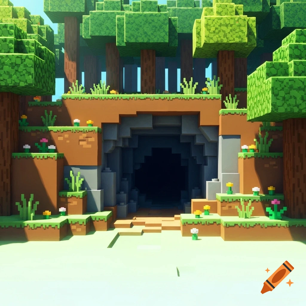 A blocky, Minecraft-style forest scene with a dark cave entrance under a dirt cliff, surrounded by trees and small flowers.