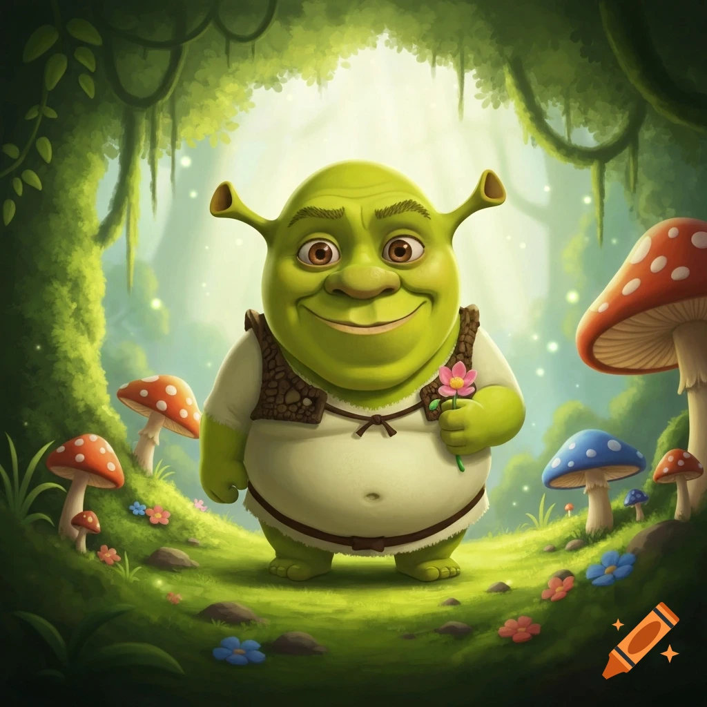 Chibi Shrek smiles holding a pink flower in an enchanted forest with glowing lights and toadstools, cartoon style.
