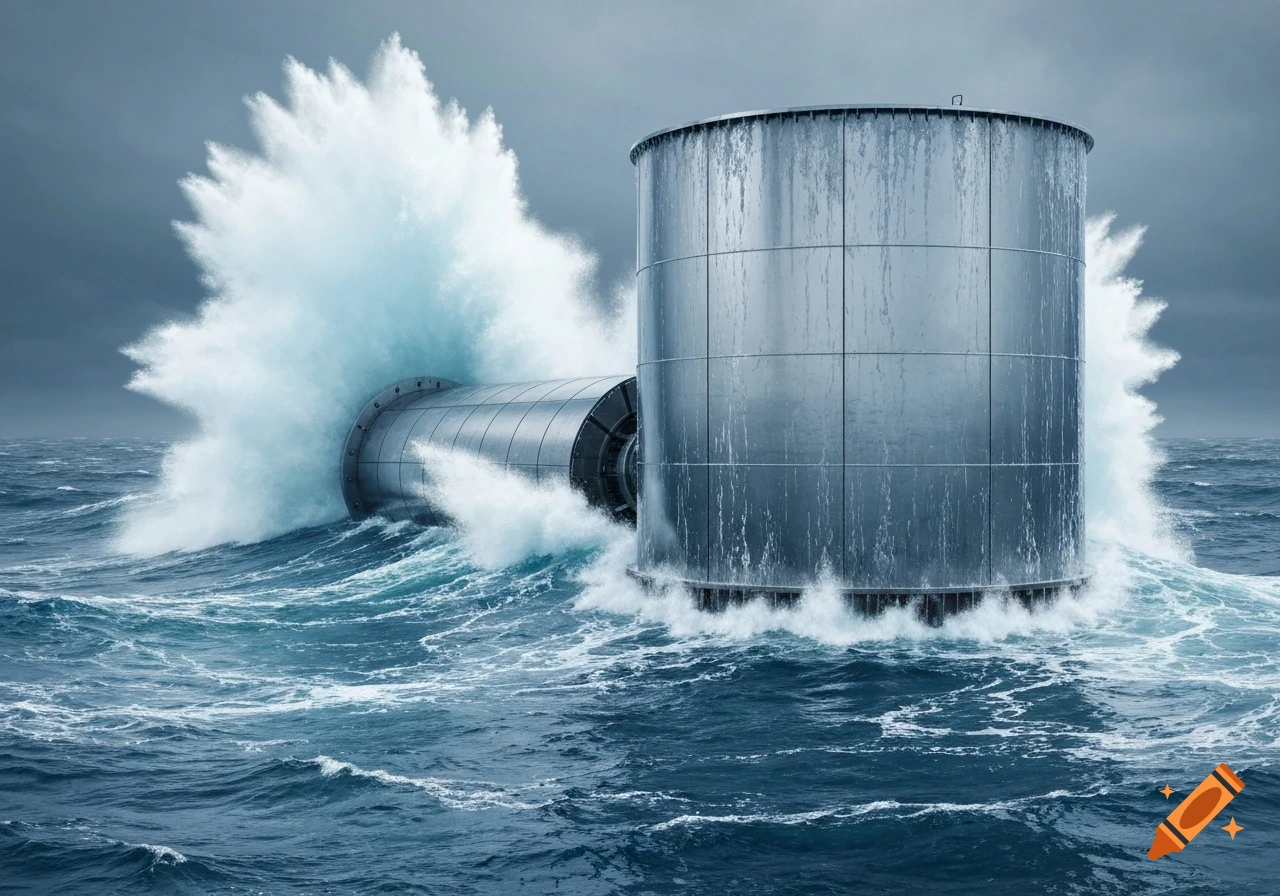 A large cylindrical wave energy device being hit by a massive wave in a stormy ocean under a dark sky.