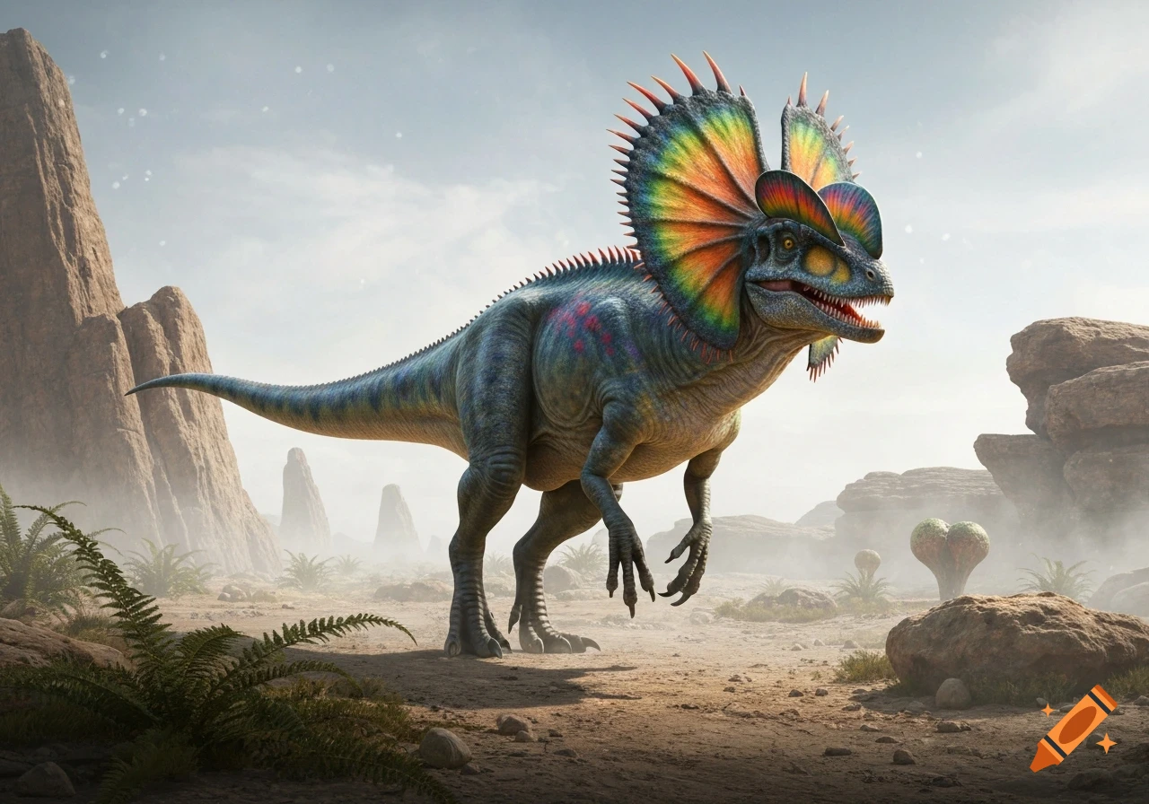 A vibrant, photorealistic Dilophosaurus with a rainbow frill stands in a foggy, rocky prehistoric landscape.