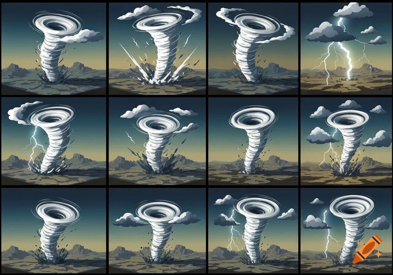 A grid of 12 stylized panels, each depicting a white tornado touching down in a barren, rocky landscape under a dark sky, some with lightning.