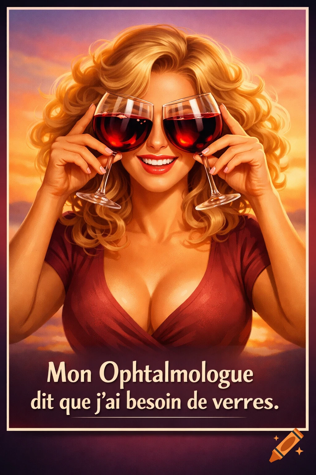 A smiling blonde woman with curly hair holds two red wine glasses in front of her eyes like spectacles. Text below reads, "My ophthalmologist says I need glasses."