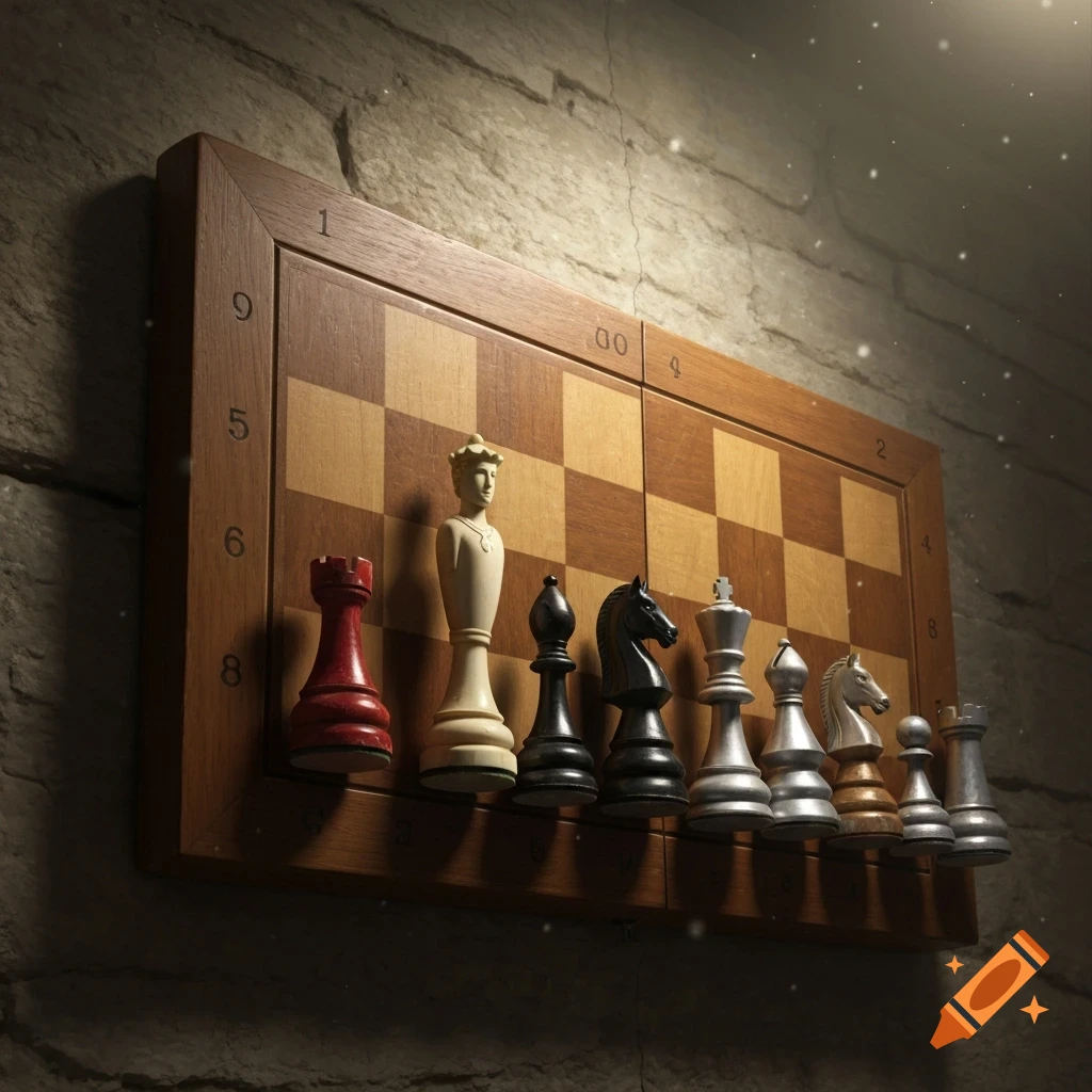 A wooden chess board with a variety of chess pieces from different sets, illuminated by dramatic light, hanging on a stone wall.