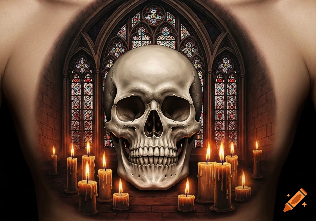 A sternum tattoo of a human skull, flanked by burning candles, in front of an ornate Gothic cathedral stained-glass window.