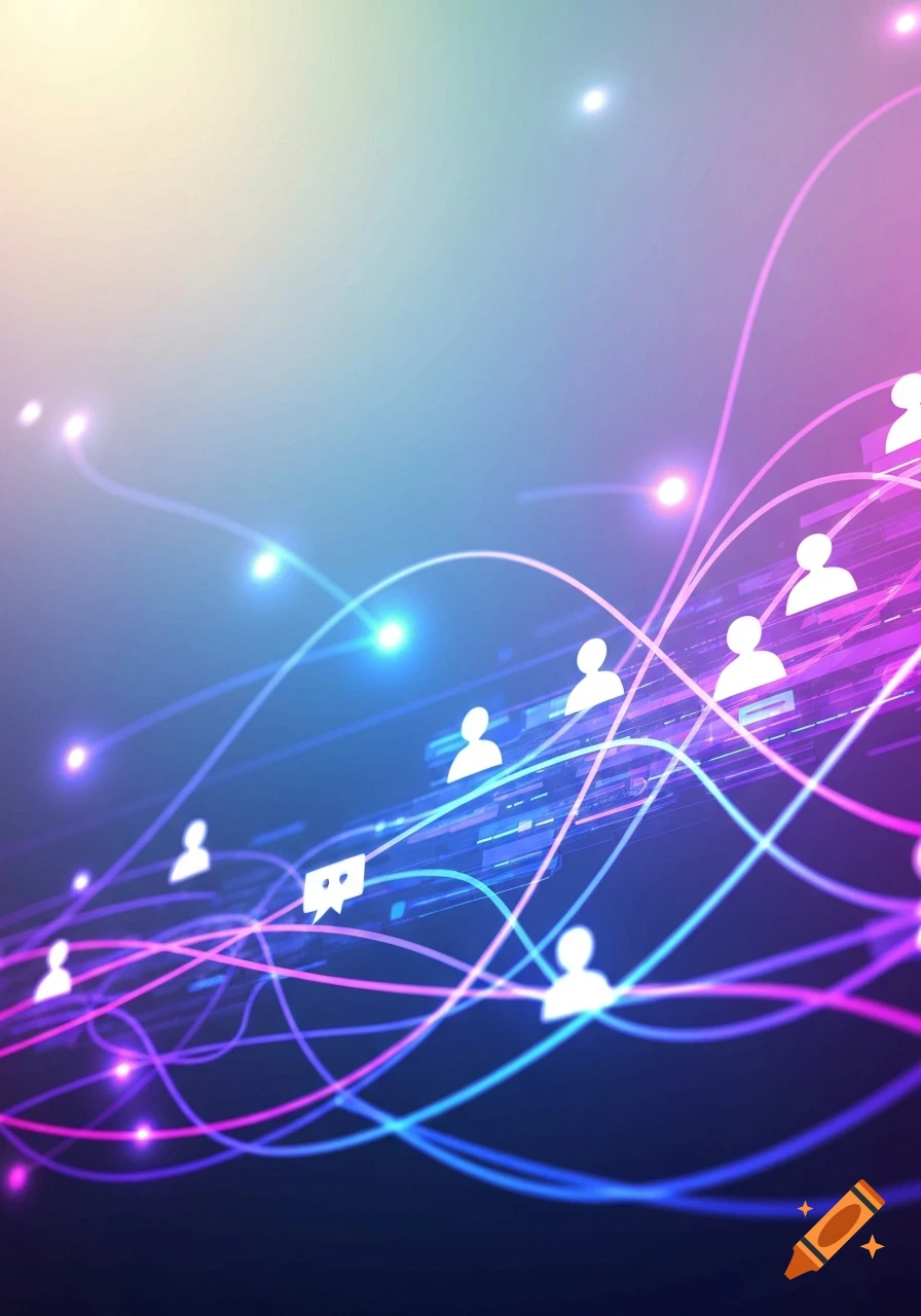 Abstract digital art with glowing lines connecting white user icons and a message bubble on a blue and purple gradient.