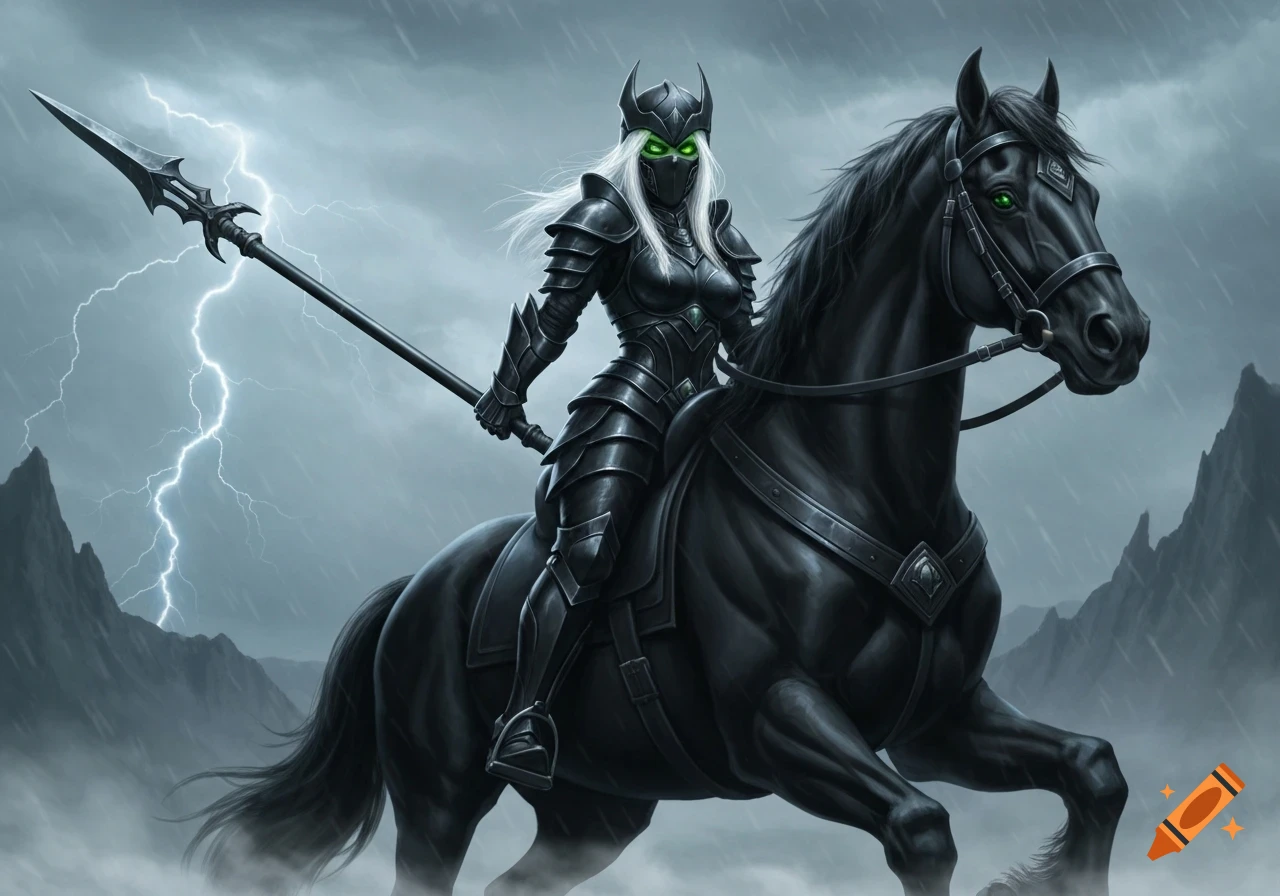 A female warrior in black armor with green glowing eyes on a black horse, holding a lance against a stormy, lightning sky.