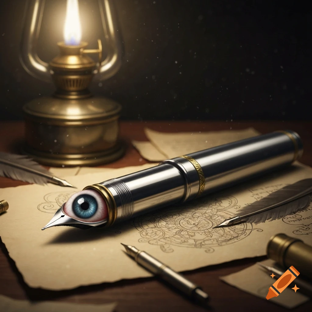 A photorealistic, surreal image of a silver fountain pen with a blue eye in its nib, on parchment with arcane symbols, beside a lit lantern.