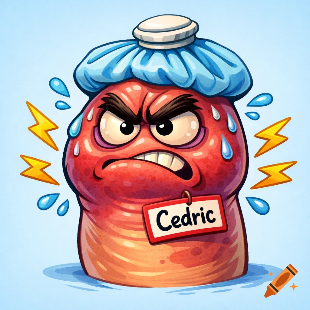A grumpy, swollen red cartoon toe character, named Cedric, wears an ice pack and has sweat drops and lightning bolts around it in a humorous cartoon style.