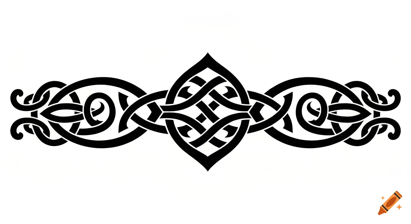 Symmetrical black Celtic knot pattern on a white background, arranged horizontally.