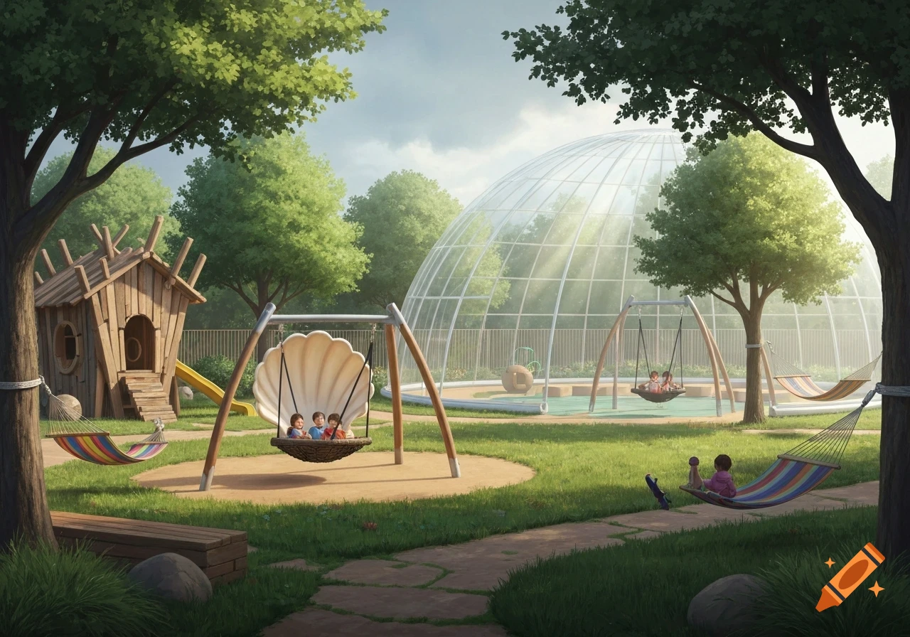 A bright outdoor playground features a large glass dome, multiple swings, hammocks, a wooden playhouse, and children playing.