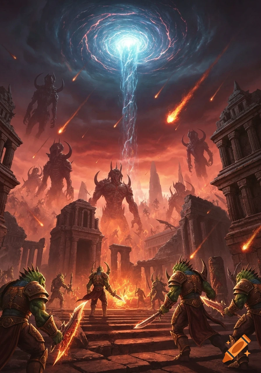 An epic fantasy illustration depicts Lizardmen warriors battling large horned demons in a ruined temple city under a cosmic vortex and falling meteors.