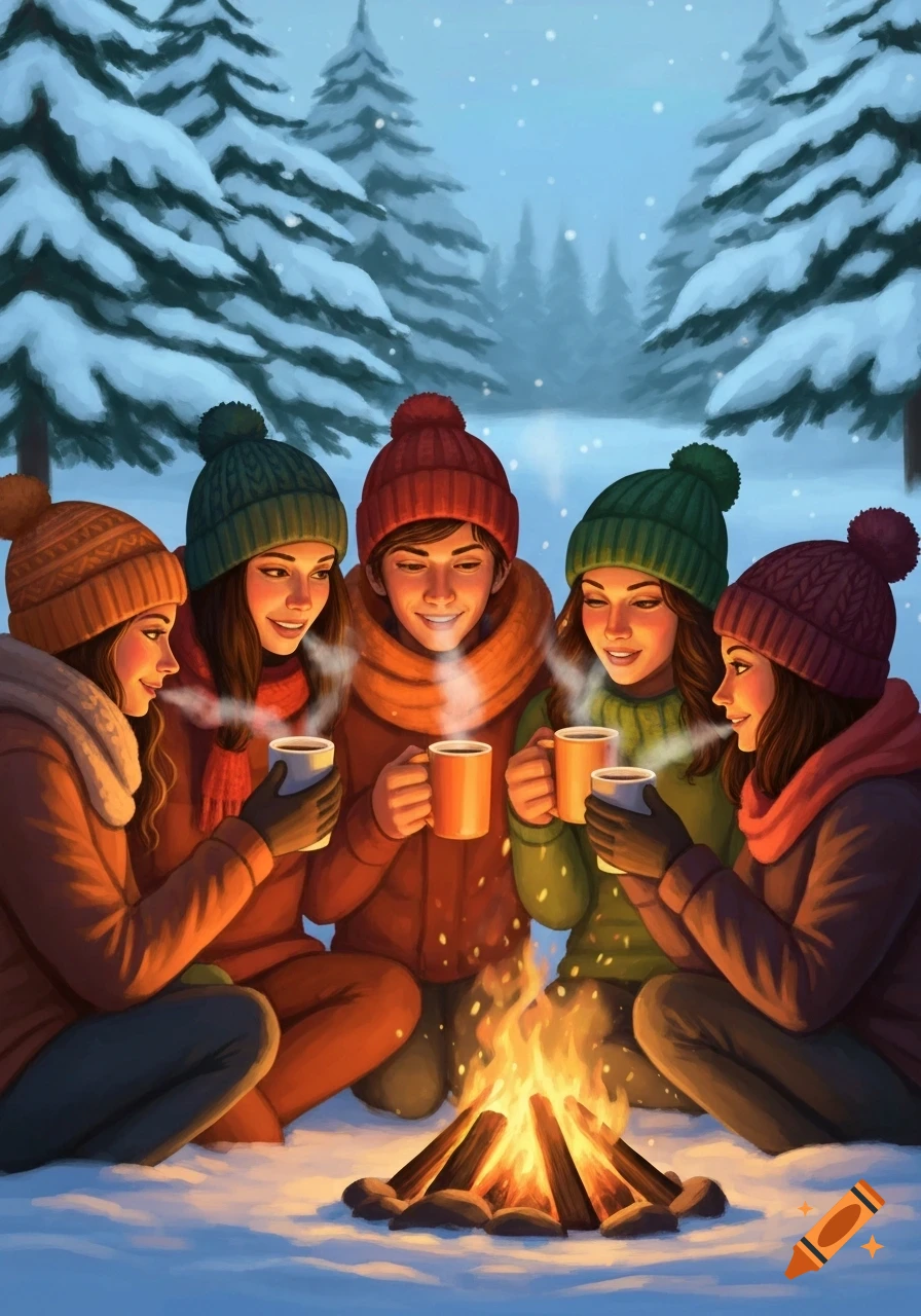 Five young people in colorful hats and warm clothes huddle around a campfire in a snowy forest, drinking hot beverages.