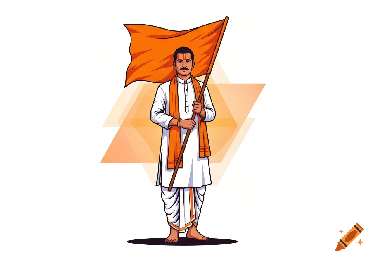 Vector art of a Hindu man in traditional white dhoti and kurta, wearing an orange tilak, holding a large saffron flag.