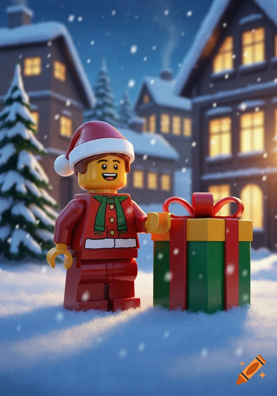 A Lego minifigure wearing a Santa hat and scarf stands in a snowy Christmas village at night, holding a red and green gift box.