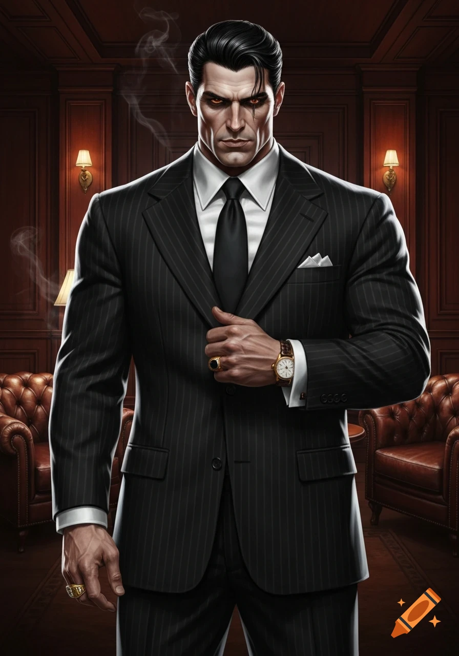 A muscular man with slicked black hair and glowing red eyes wears a pinstripe suit, holding his lapel in a luxurious, wood-paneled room.