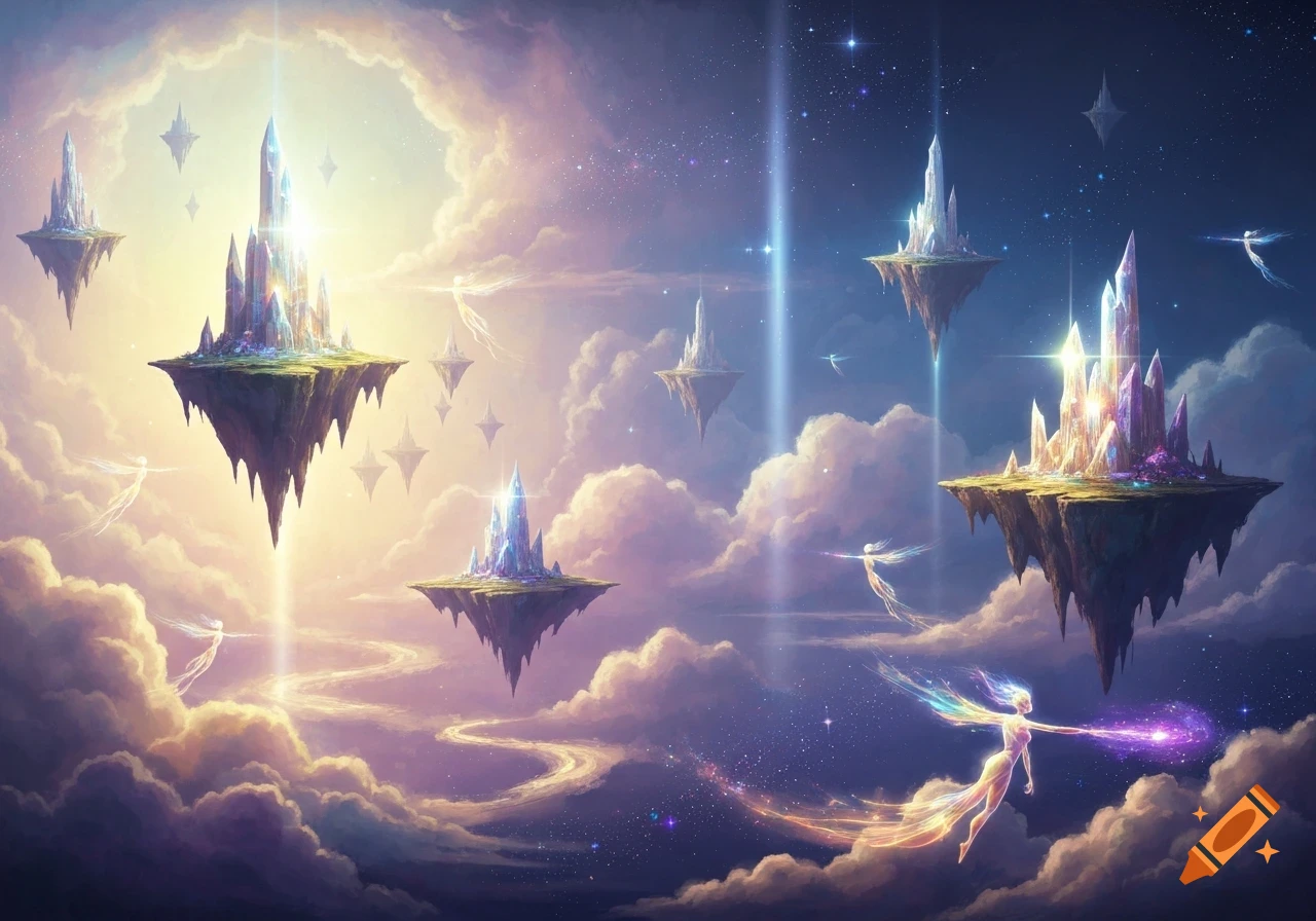 A majestic fantasy sky world with glowing crystal castles on floating islands, ethereal angelic figures, and luminous clouds.