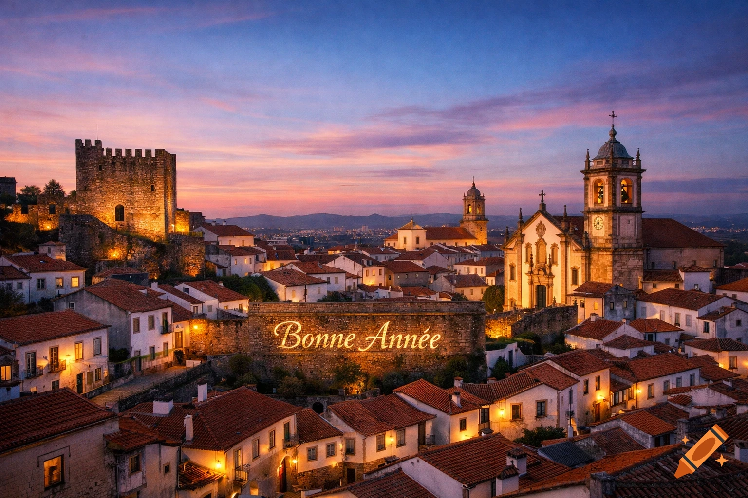Illuminated historic city at dusk with a prominent castle, church, and 'Bonne Année' text glowing on a wall. Photorealistic.
