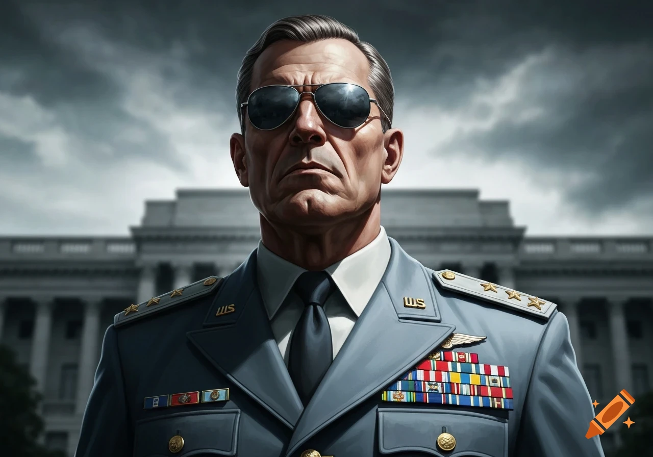 Photorealistic portrait of a stern military general in uniform and aviator sunglasses, with a government building under a cloudy sky.