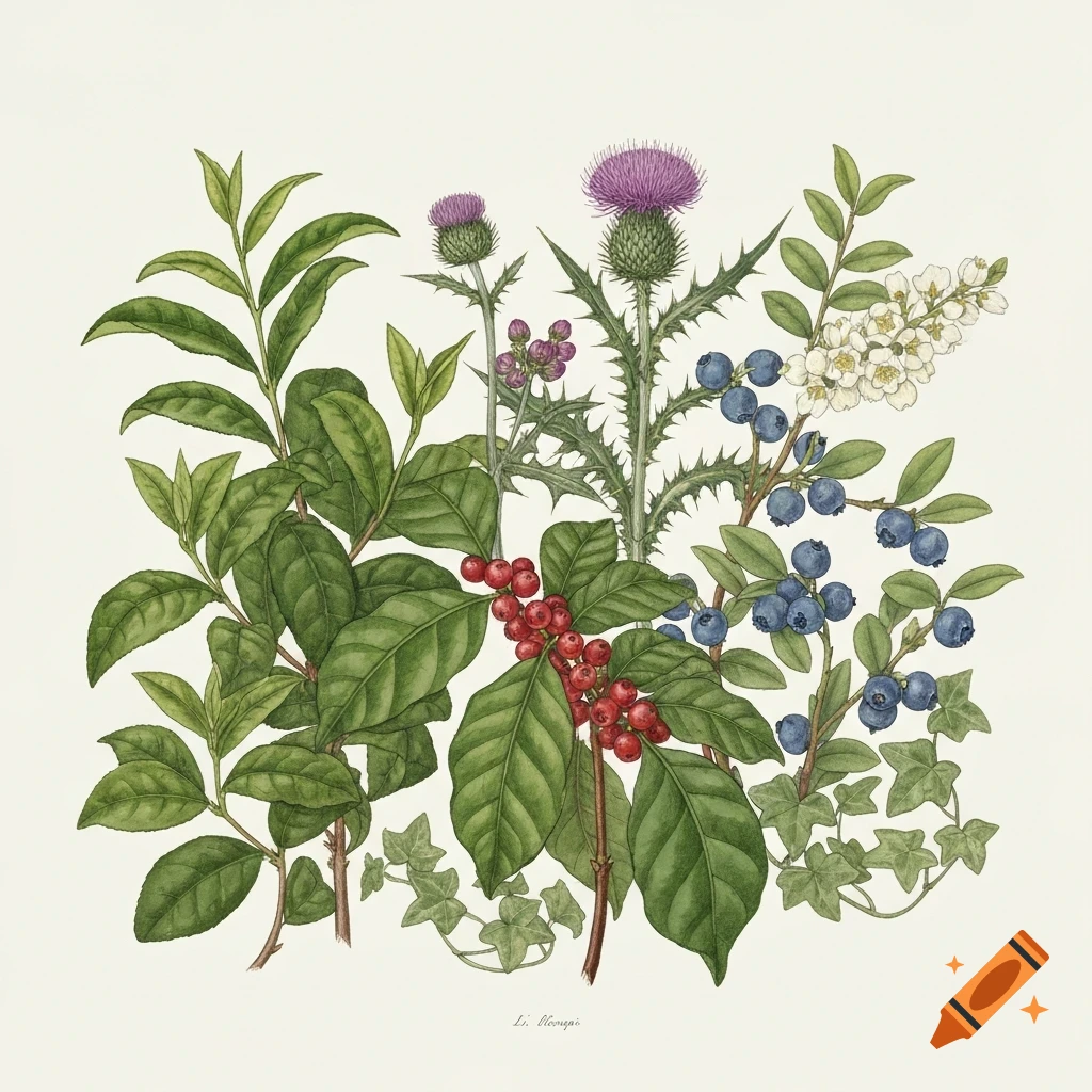 Detailed botanical illustration of tea plants, thistle, blueberry bush, coffee plant, and ivy, on a white background.