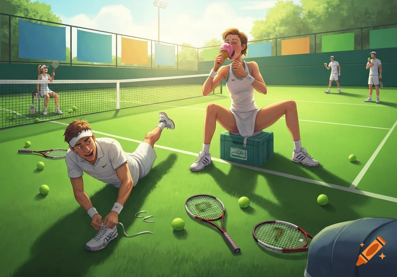A man on a tennis court ties his shoe while a woman sits on a green box, eating ice cream. Other players are in the background.