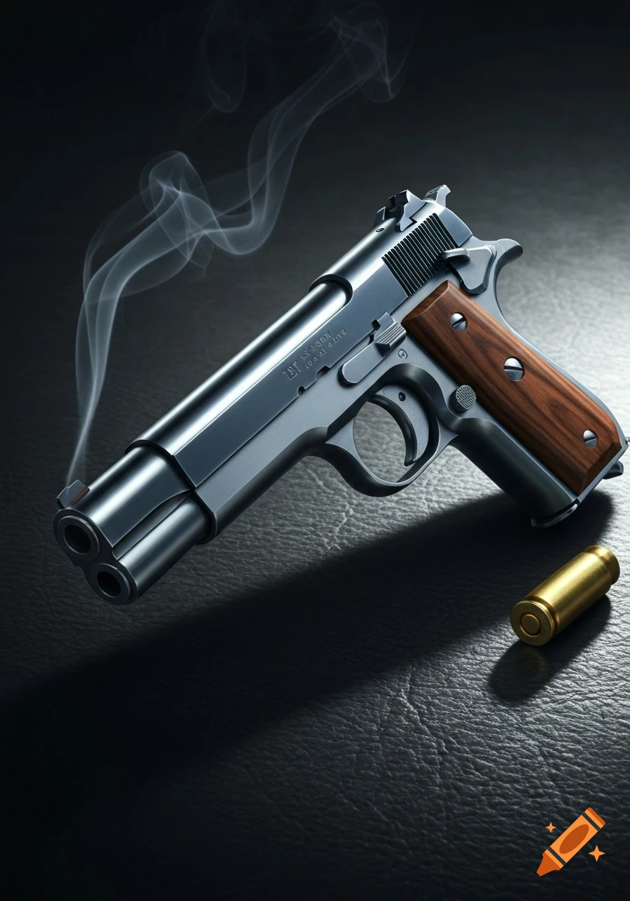 Photorealistic image of a chrome pistol with wooden grips and smoke rising from the barrel, lying on a dark textured surface next to a single brass bullet casing.