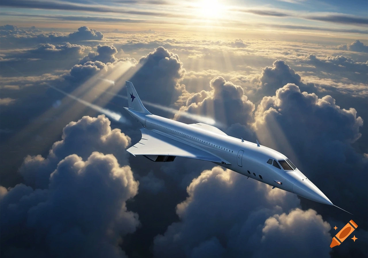 A sleek, white supersonic jet, resembling a Concorde, flies high above a dense layer of white clouds with sunbeams piercing through from above.