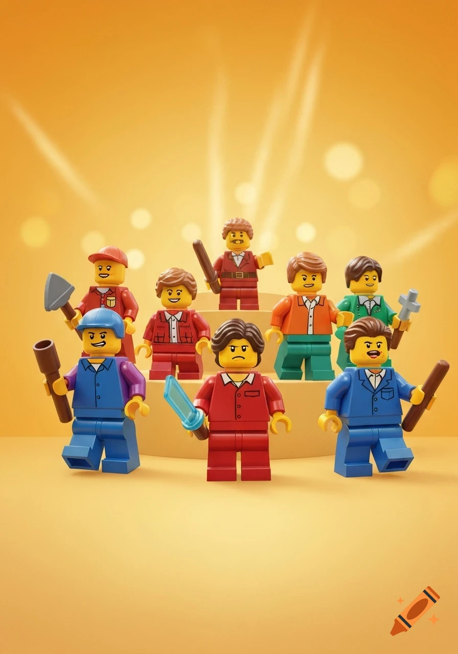 A group of colorful Lego minifigures on a two-tiered yellow platform against a golden background with light rays. They hold various accessories.