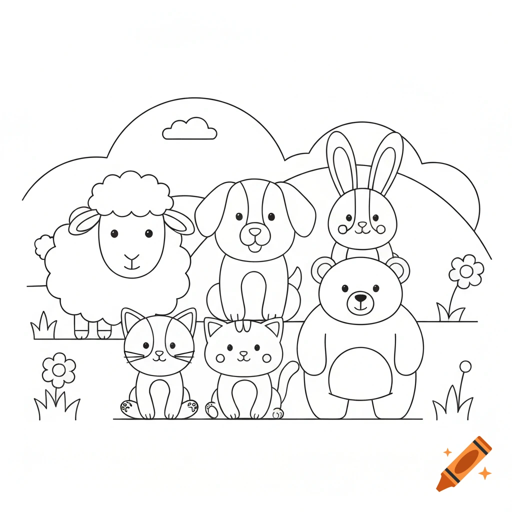 Cute cartoon animals: a sheep, dog, rabbit, two cats, and a bear in black and white outlines, suitable for a children's coloring book.