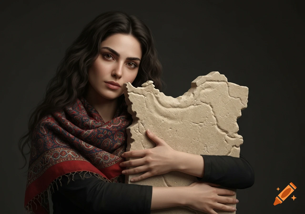 A young Persian woman with dark wavy hair and a patterned shawl holds a stone tablet shaped like Iran, looking seriously at the camera.