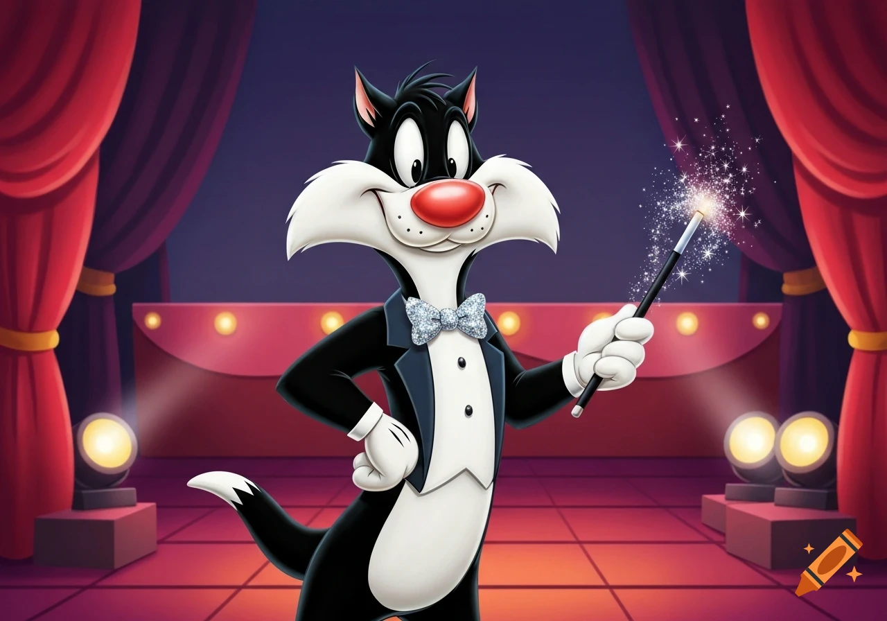 Sylvester the Cat in a tuxedo holds a magic wand with sparkling effects on a brightly lit stage with red curtains.