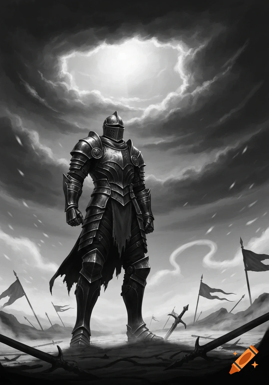 A black and white illustration of a lone knight in full armor standing on a desolate battlefield under a cloudy sky.