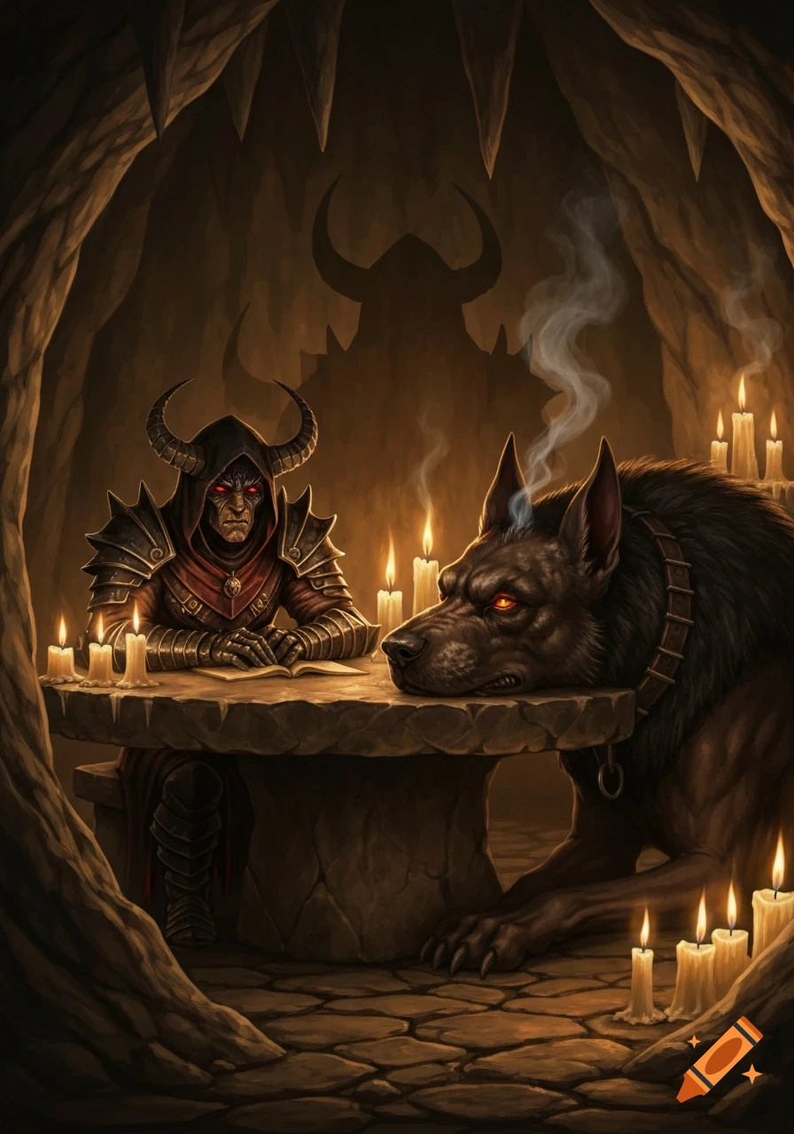 A horned demon in armor sits at a stone table with an open book, accompanied by a hellhound, in a dimly lit cave illuminated by candles.