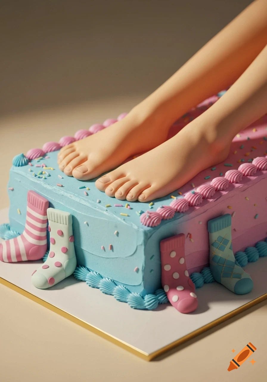 A sheet cake decorated with blue and pink frosting, sprinkles, and icing socks, featuring two realistic bare feet resting on top.
