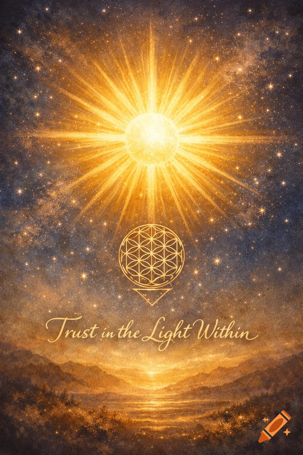 A stylized golden sun shines with rays in a starry, textured cosmic sky, above a geometric symbol and a mountain landscape, with text "Trust in the Light Within".