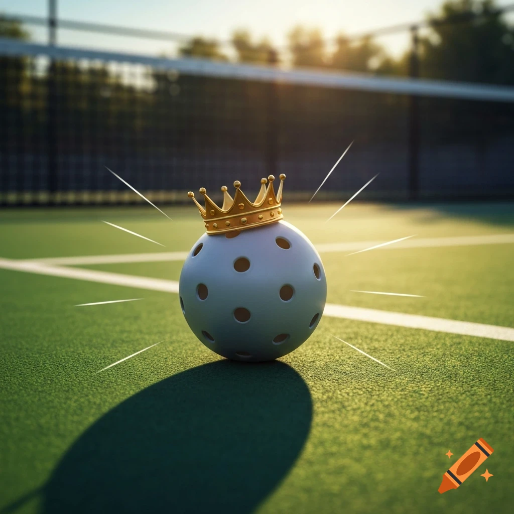 A photorealistic image of a pickleball wearing a golden crown, sitting on a green court with a net in the background.