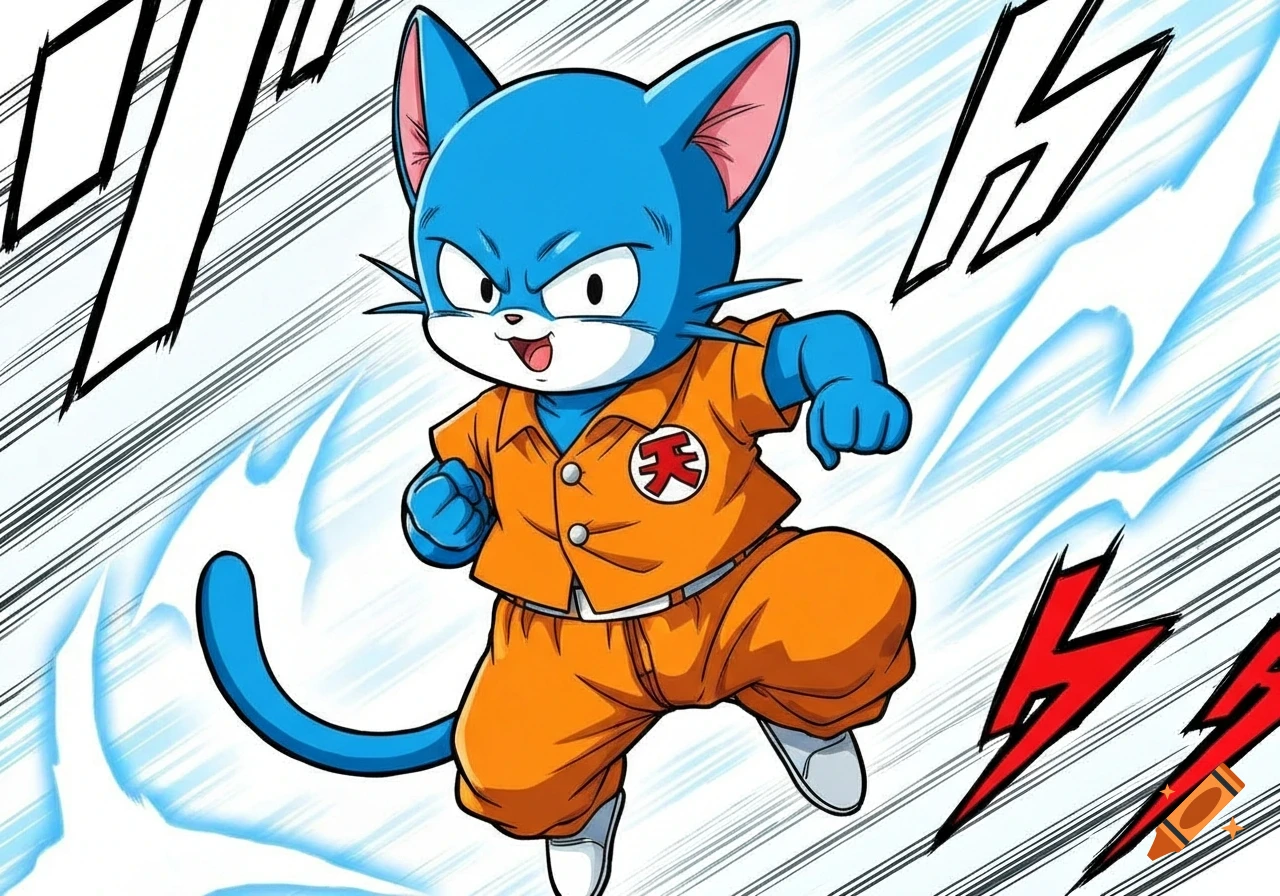 A blue cat-like anime character in an orange martial arts uniform, with the kanji '""' on it, runs with speed lines in a manga art style.